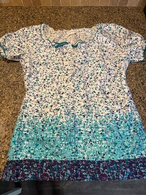 Peaches Uniforms Teal, Purple & White Floral Print Scrub Top